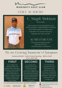C. Magdi Abdelaziz, professional golf coach at Madinaty Golf Academy with 46 years of coaching experience, presenting the junior golf training program.